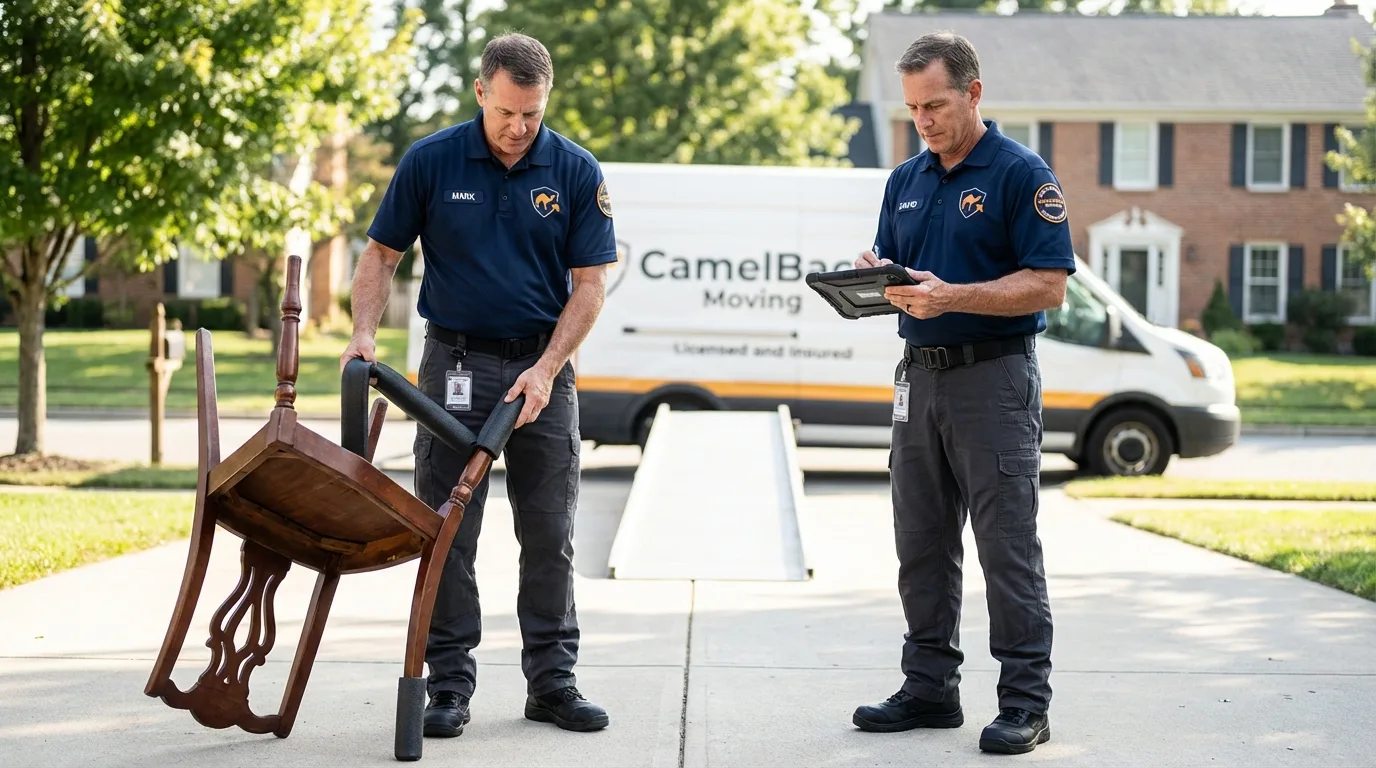 Movers inspecting furniture for damage prevention before loading in Adamsville, AL