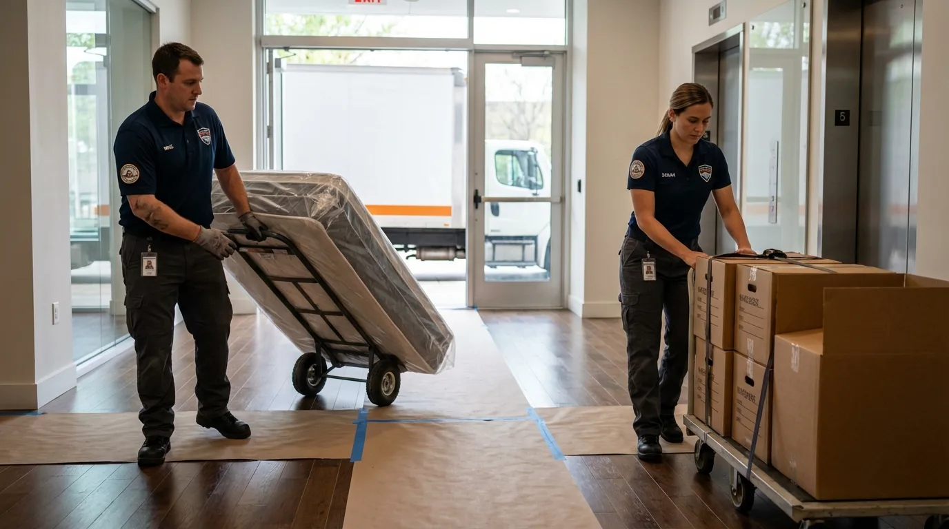 Professional apartment movers loading elevator in Adamsville, AL