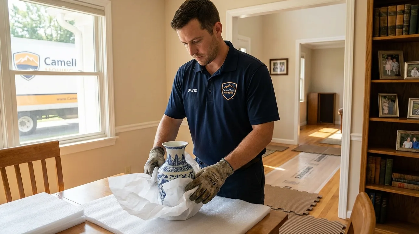 Professional crew carefully wrapping antique vase for senior downsizing move in Adamsville, AL
